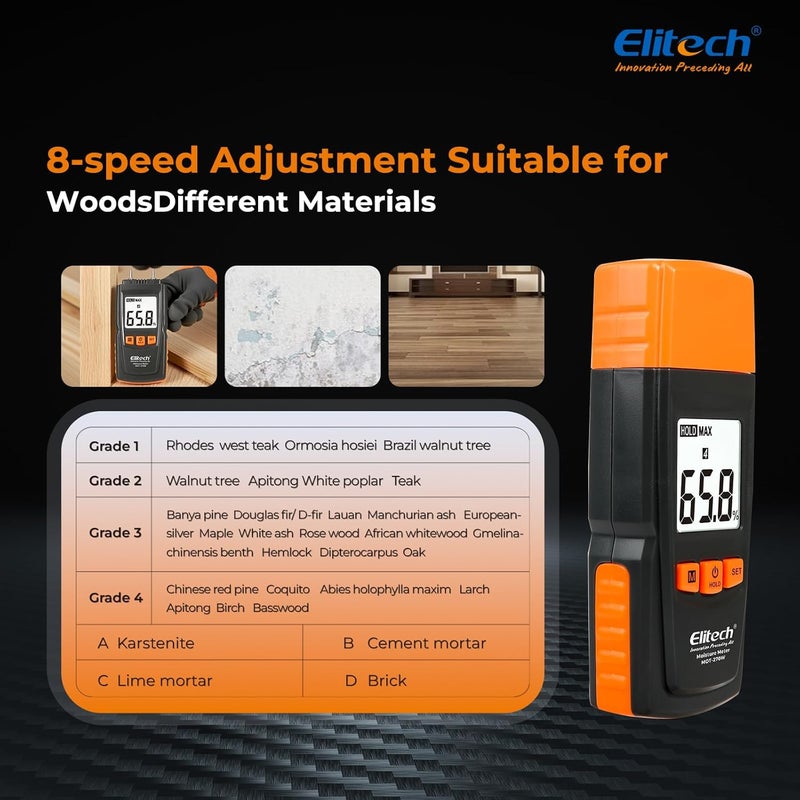 Elitech Digital Moisture Meter Water Leak Detector with Pin Probes, Moisture Tester for Wood Floors Walls with 4 Wood & Material Modes, Hold Function, Max/Min Reading MOT-270W - Image 3